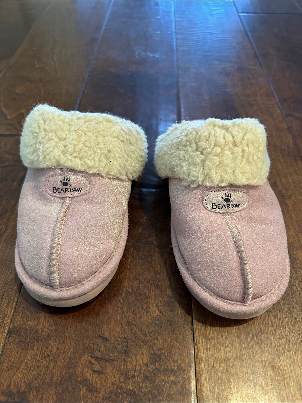 BearPaw Girls Pink Shimmery Suede Slippers with Cream Shearling Cuff